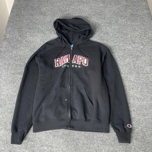 Champion Ramapo College Hoodie Mens M Black Zip Up Fleece Sweatshirt Y2K
